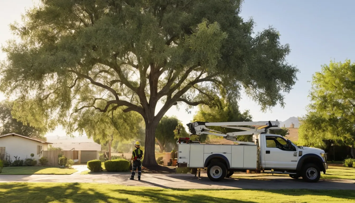A tree removal provider working on a large backyard tree near a stucco ranch home in Long Beach